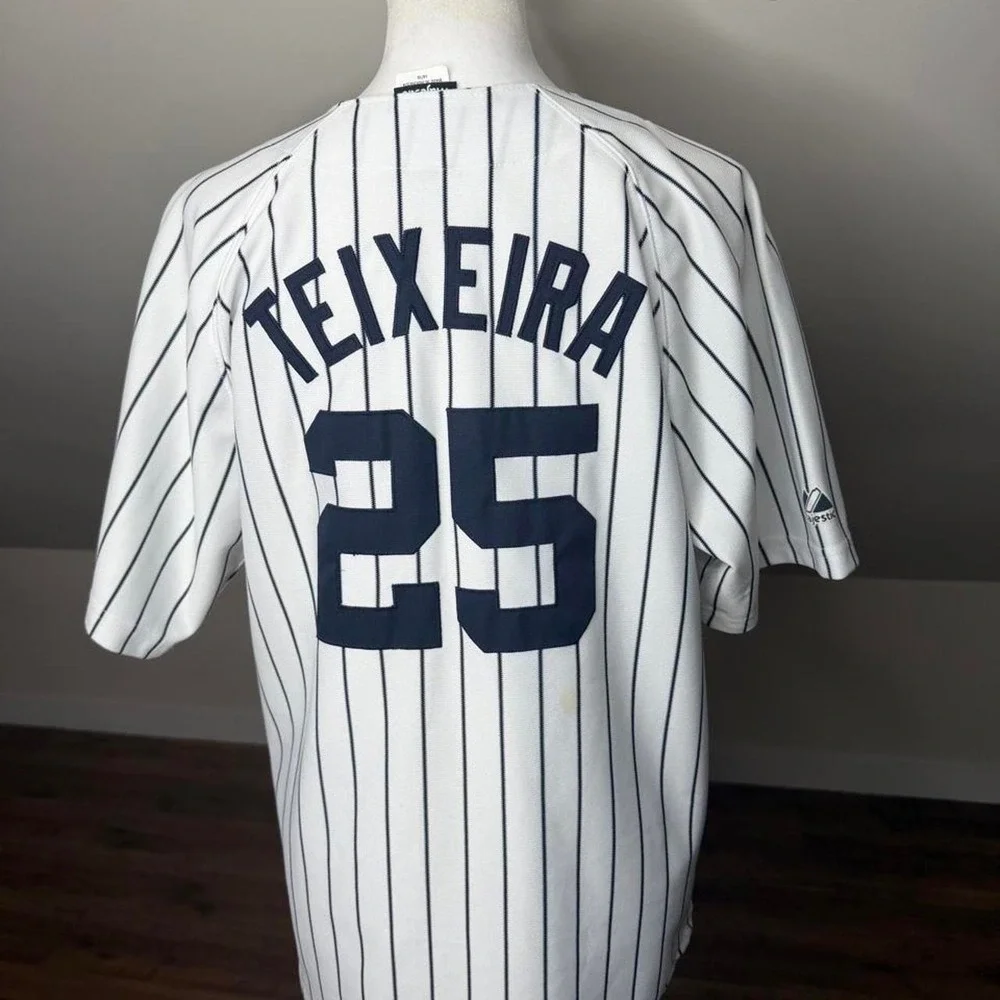 Majestic New York Yankees Mark Teixeira 25 Pinstripe MLB Baseball Jersey White - Picture 5 of 8